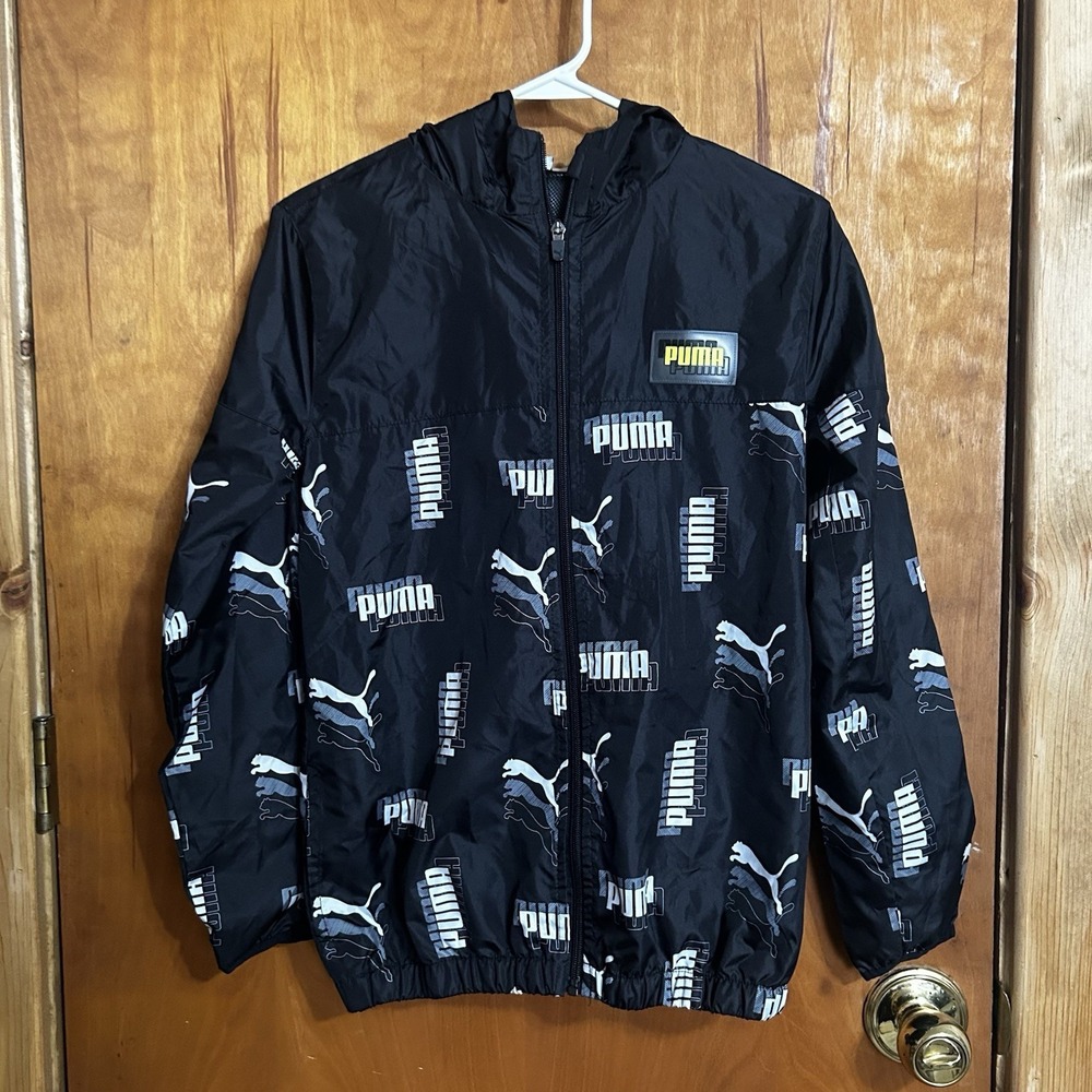 Puma Youth Rain Jacket Black‎ Boy Size L (14-16) Windbreaker Coat Logo